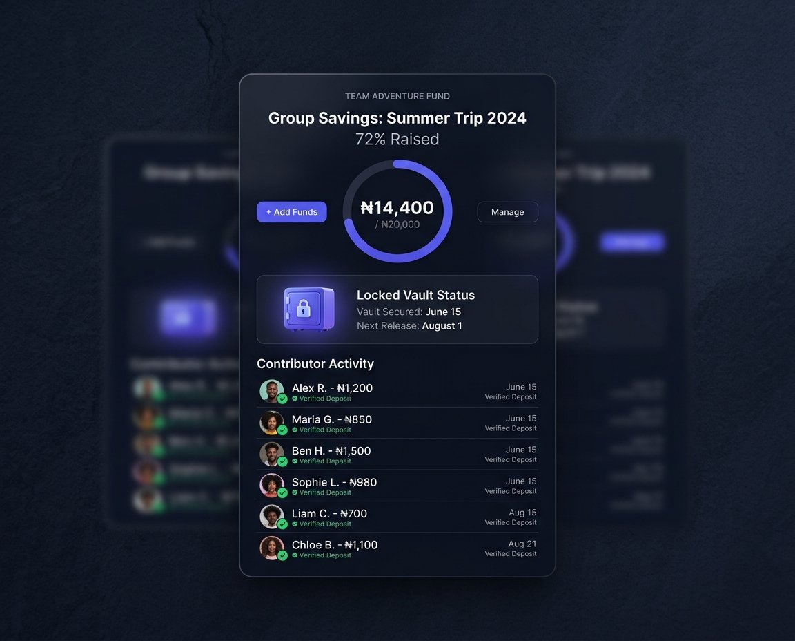 Ajo platform preview showing automated progress tracker, member receipts, and locked vault balance